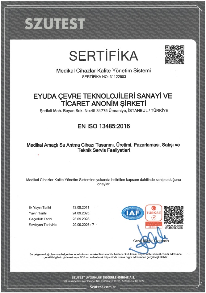 EYUDA medikal cihazlar kalite yönetim sistemi belgesi (EN ISO 13485:2016)