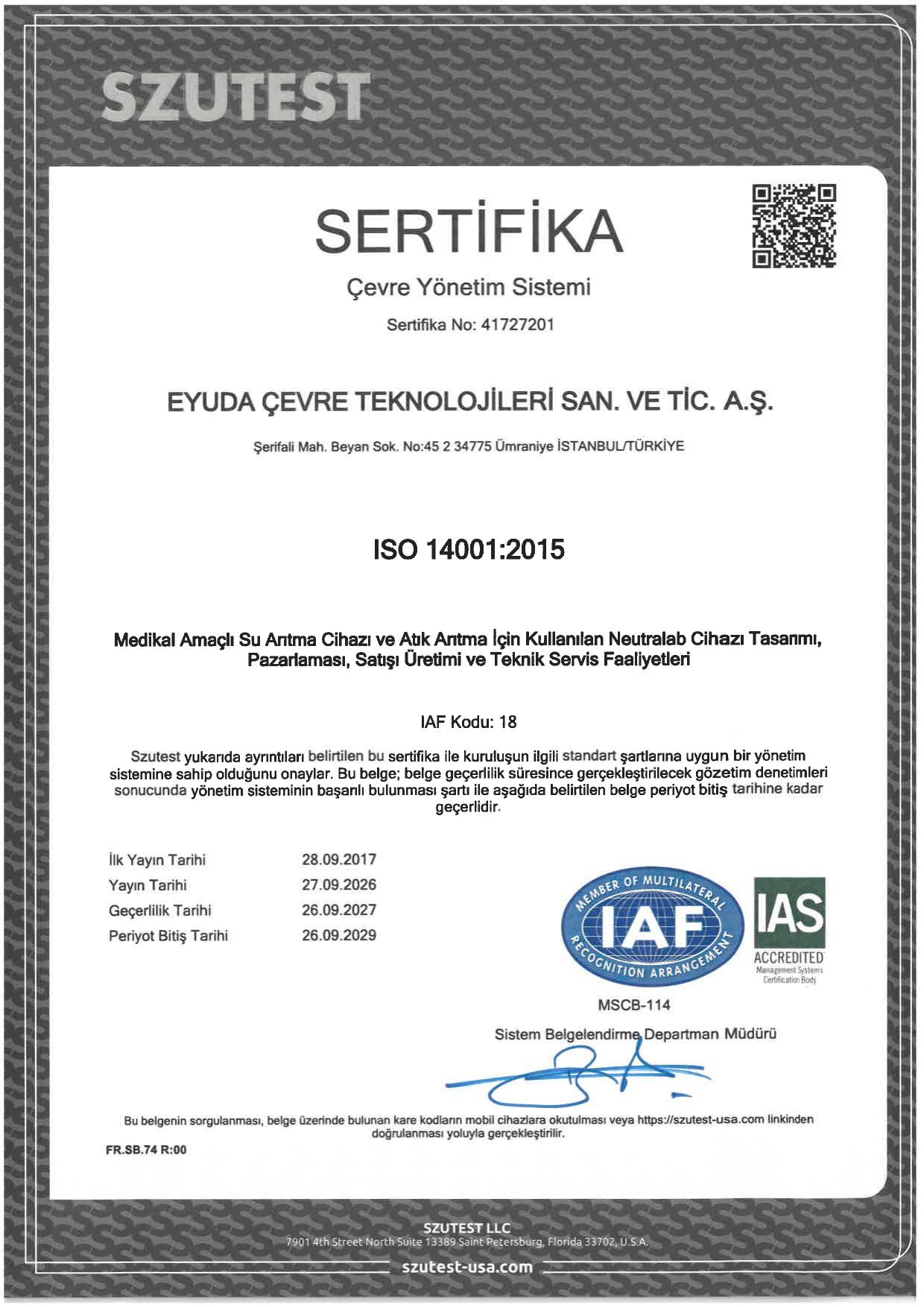 EYUDA çevre yönetim sistemi belgesi (ISO 14001:2015)
